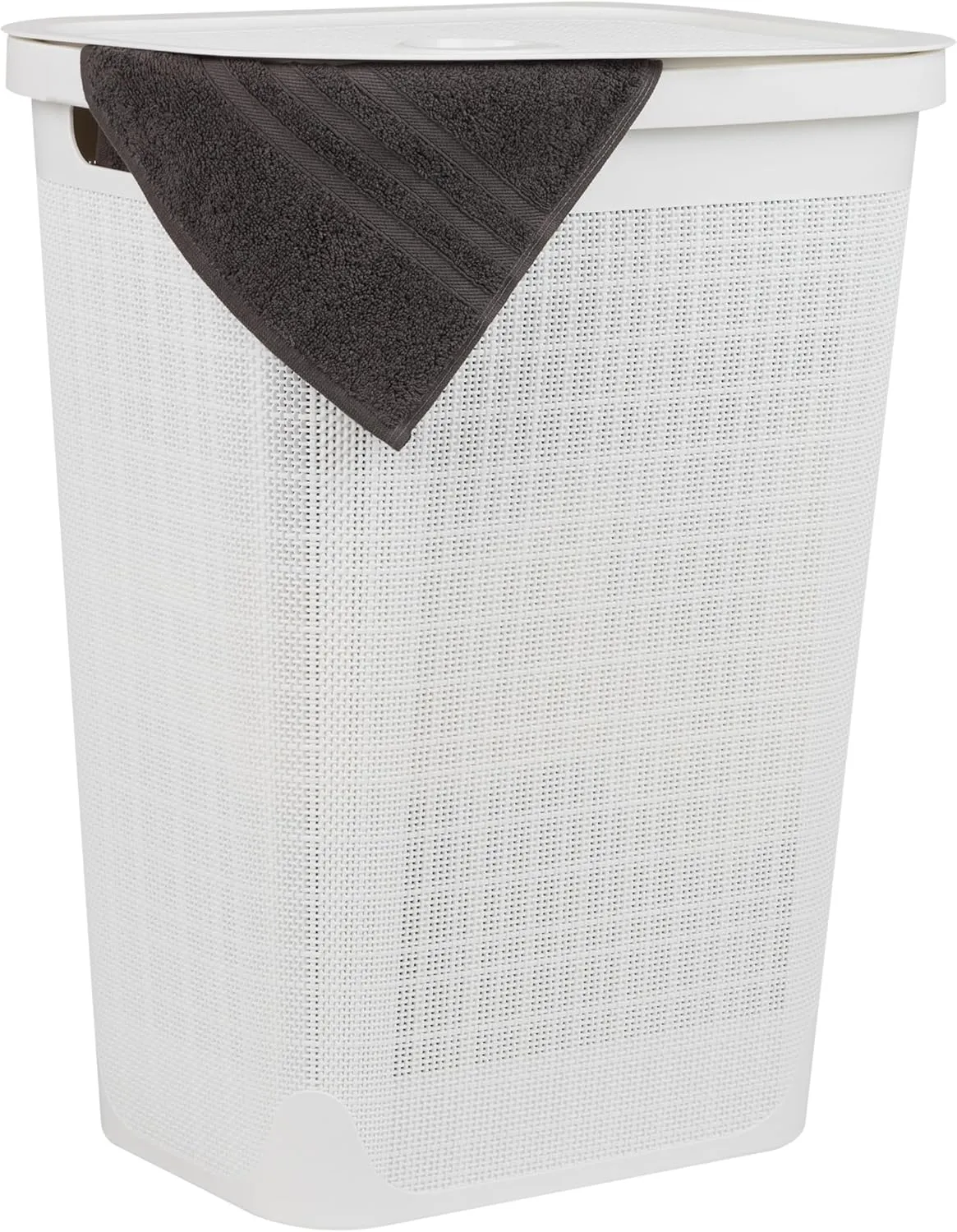 Mind Reader 60L Slim Laundry Hamper, Clothes Basket, Lid, Linen Design, Plastic, 18.25”L x 14.25”W x 23.5”H, White