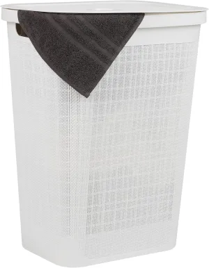 Mind Reader 60L Slim Laundry Hamper, Clothes Basket, Lid, Linen Design, Plastic, 18.25”L x 14.25”W x 23.5”H, White