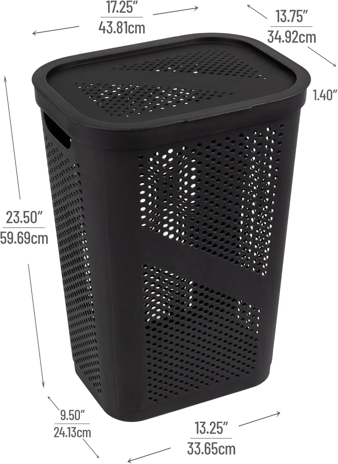Mind Reader 60L Slim Laundry Hamper, Clothes Basket, Lid, Ventilated, Plastic, 17.25"L x 13.75"W x 23.5"H, Black