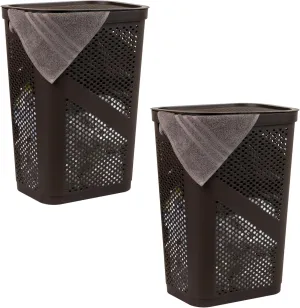 Mind Reader 60L Slim Laundry Hamper, Clothes Basket, Lid, Ventilated, Plastic, 17.25"L x 13.75"W x 23.5"H, Set of 2, Brown