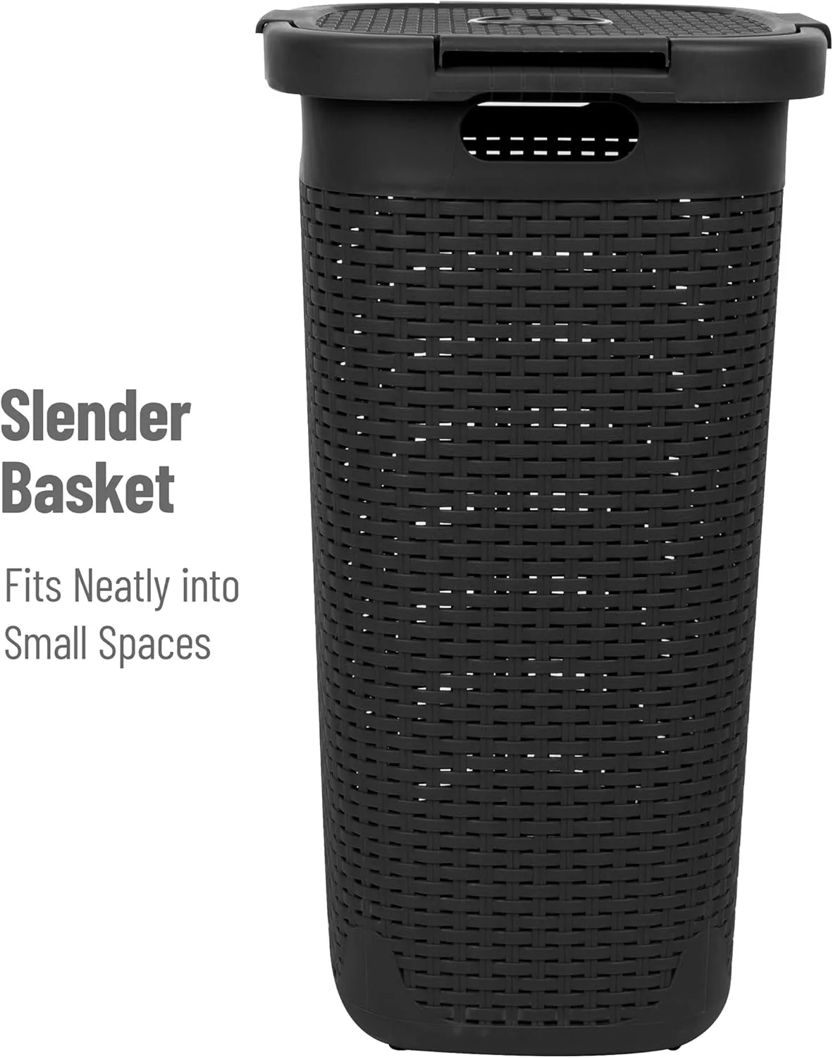 Mind Reader 60L Slim Laundry Hamper, Clothes Basket, Lid, Wicker Style, Plastic, 17.65"L x 13.75"W x 24.15"H, Set of 2, Black