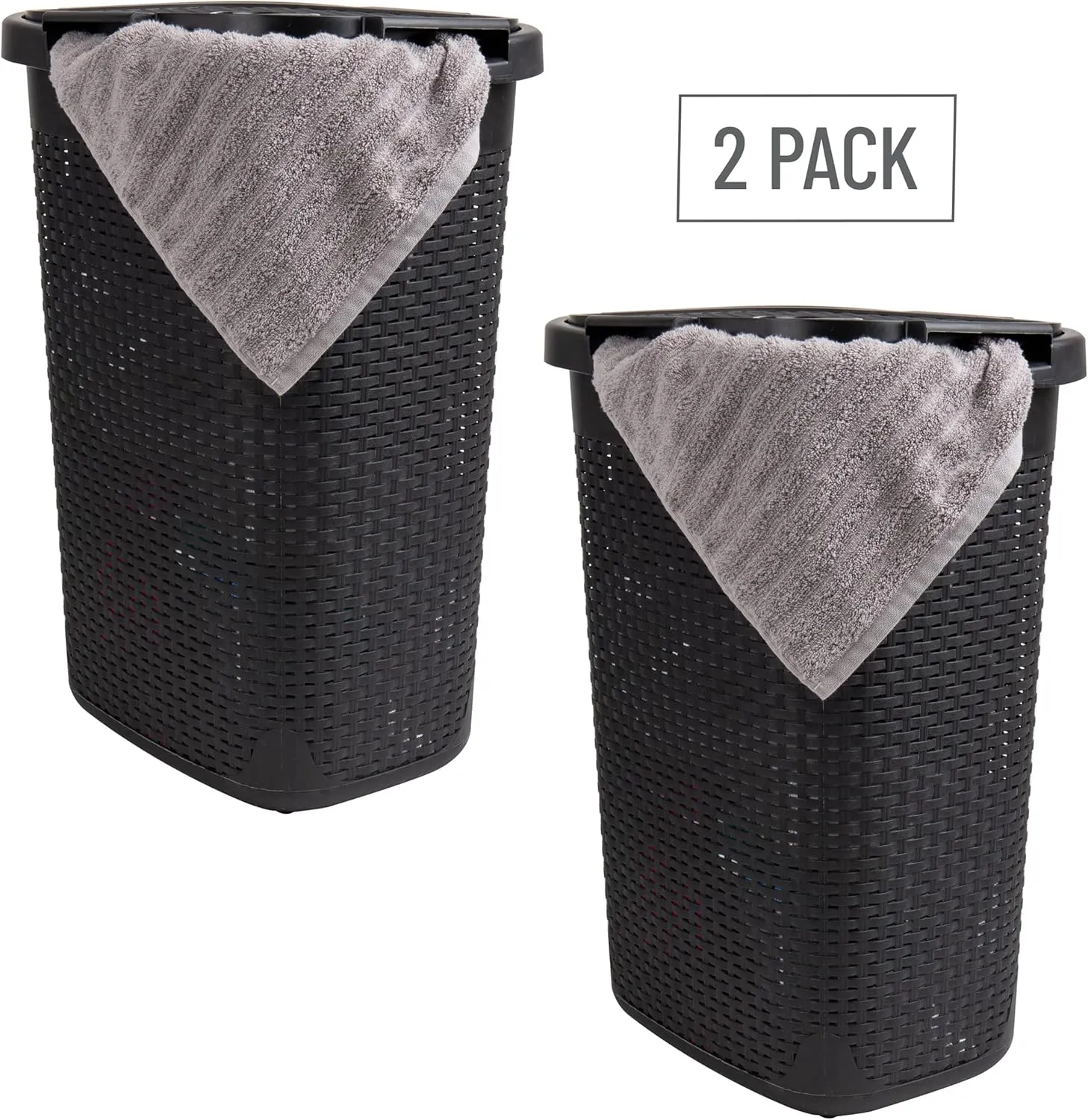 Mind Reader 60L Slim Laundry Hamper, Clothes Basket, Lid, Wicker Style, Plastic, 17.65"L x 13.75"W x 24.15"H, Set of 2, Black
