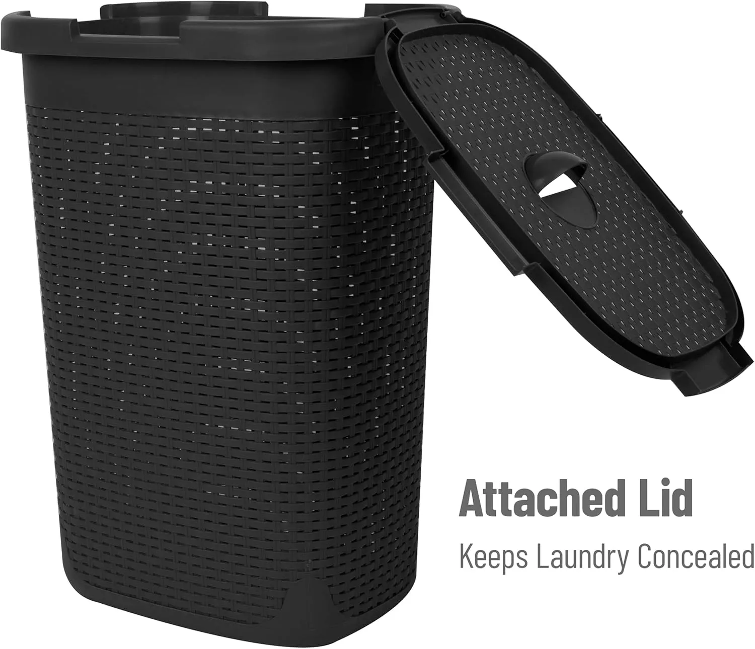 Mind Reader 60L Slim Laundry Hamper, Clothes Basket, Lid, Wicker Style, Plastic, 17.65"L x 13.75"W x 24.15"H, Set of 2, Black