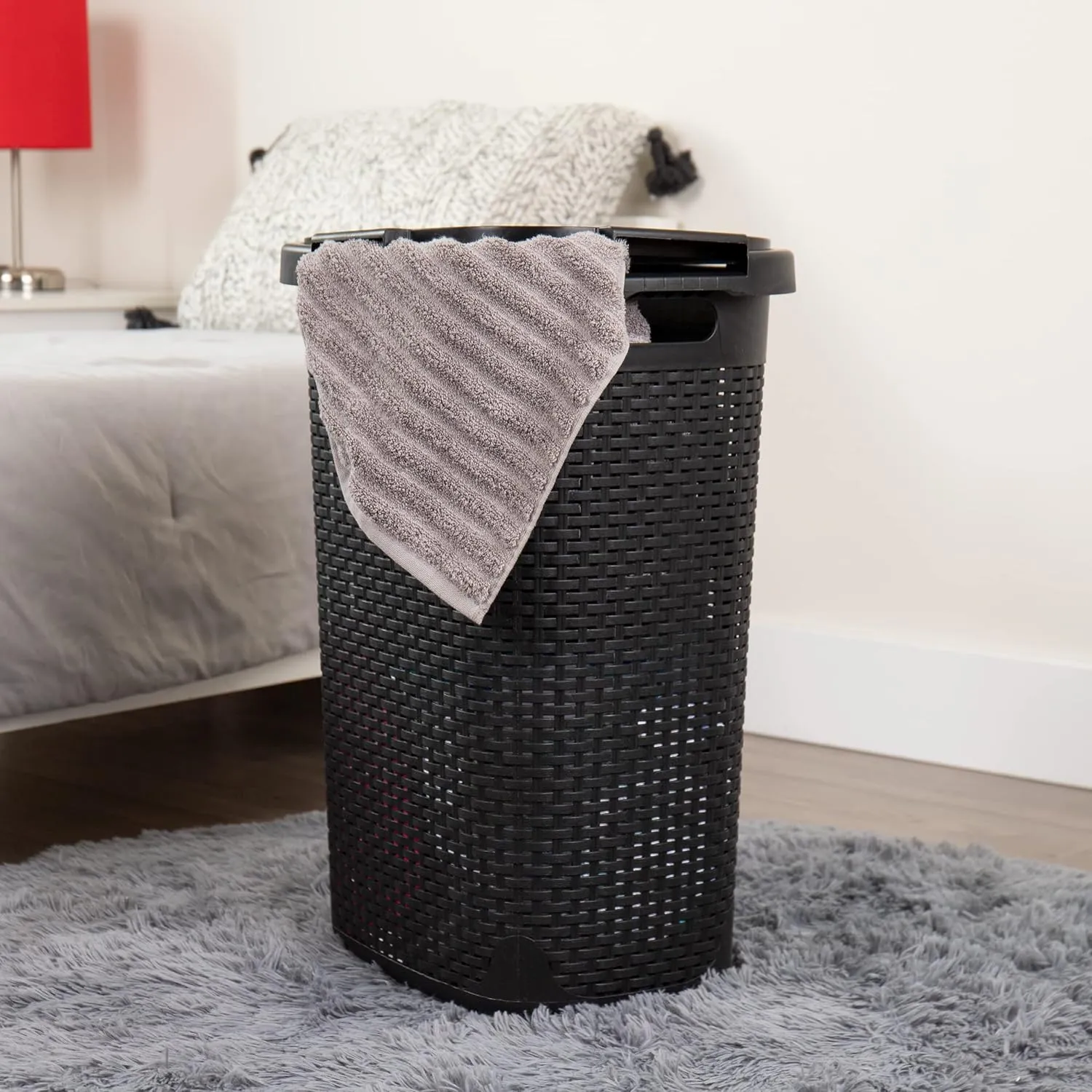 Mind Reader 60L Slim Laundry Hamper, Clothes Basket, Lid, Wicker Style, Plastic, 17.65"L x 13.75"W x 24.15"H, Set of 2, Black