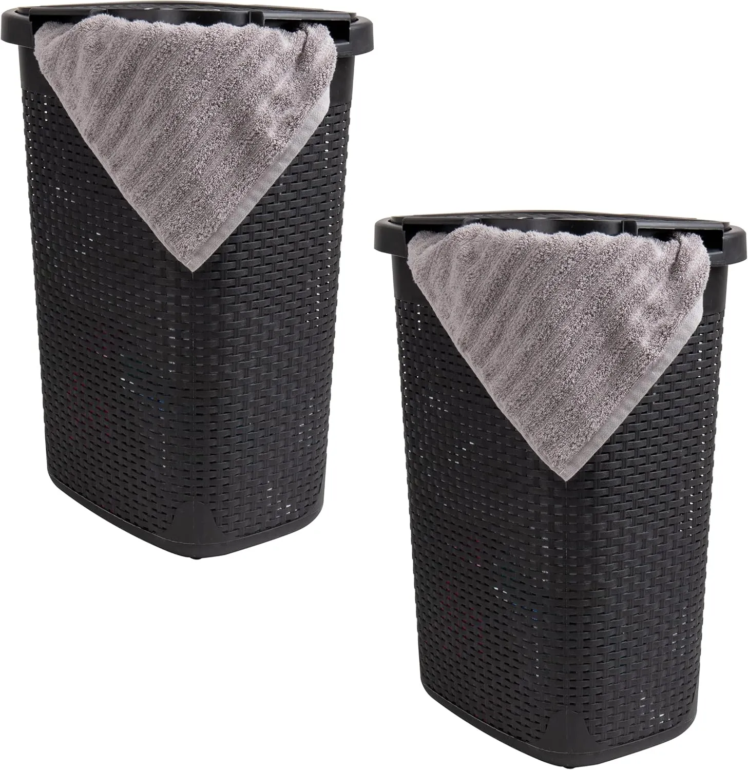 Mind Reader 60L Slim Laundry Hamper, Clothes Basket, Lid, Wicker Style, Plastic, 17.65"L x 13.75"W x 24.15"H, Set of 2, Black