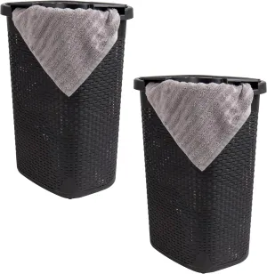 Mind Reader 60L Slim Laundry Hamper, Clothes Basket, Lid, Wicker Style, Plastic, 17.65"L x 13.75"W x 24.15"H, Set of 2, Black