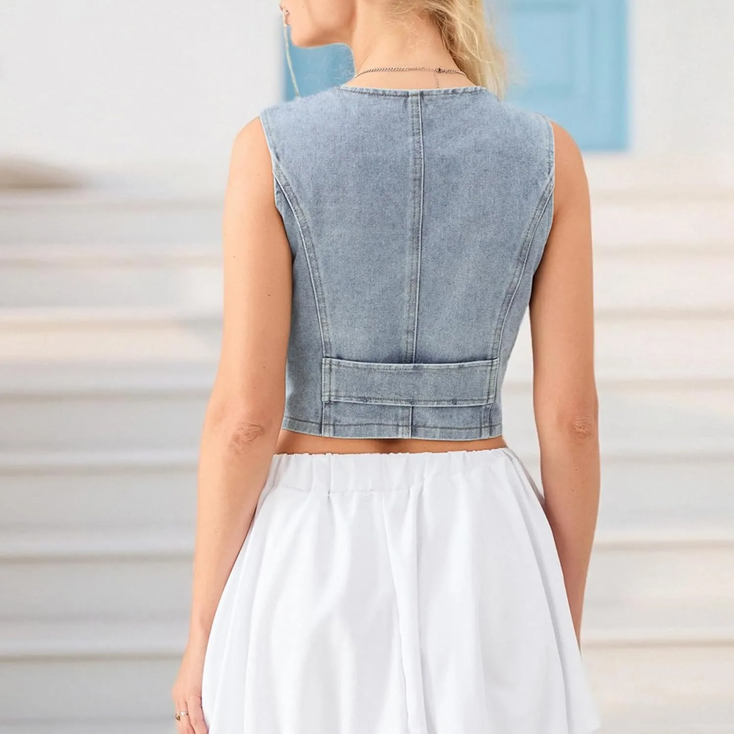 Miqil Women Y2K Button Down Denim Vest Sexy Sleeveless Denim Crop Top Low Cut Strapless Jean Corset Bustier Streetwear