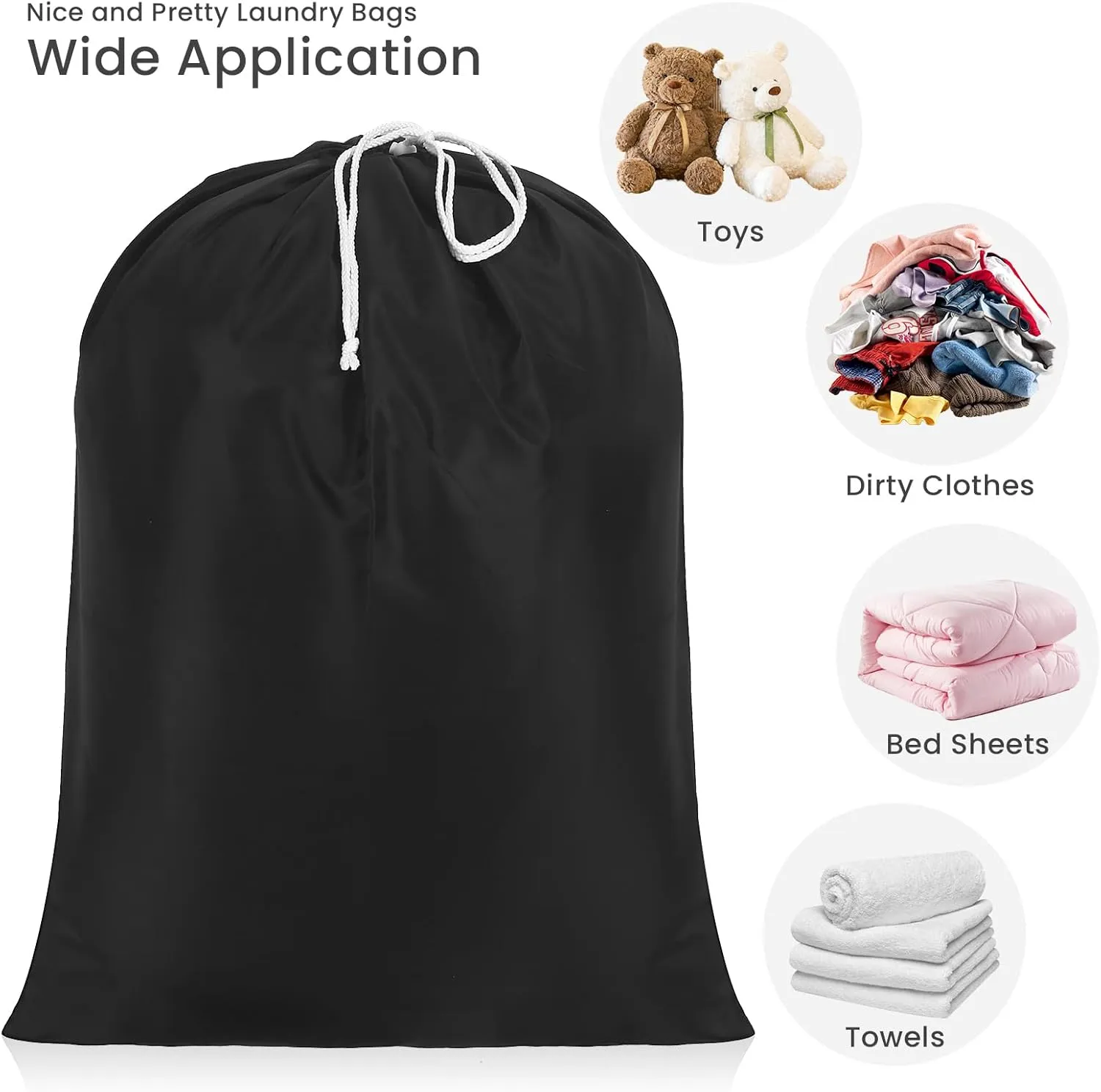 Miss Promation Travel Laundry Bag, Nylon Laundry Bag-Machine Washable Dirty Clothes Organizer with Drawstring，Easy Fit a Laundry Hamper or Basket 28" x 38" (Black)