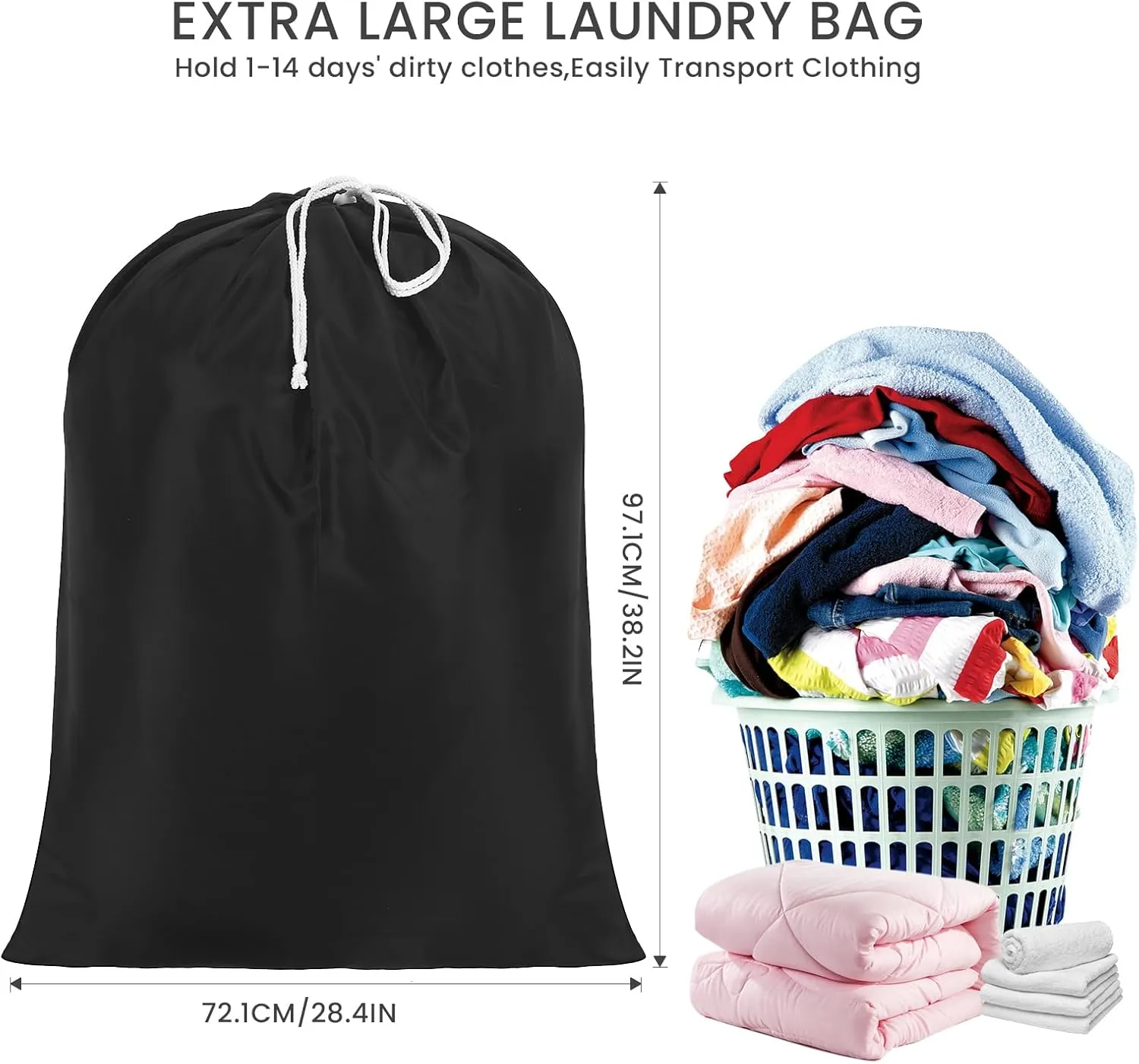 Miss Promation Travel Laundry Bag, Nylon Laundry Bag-Machine Washable Dirty Clothes Organizer with Drawstring，Easy Fit a Laundry Hamper or Basket 28" x 38" (Black)
