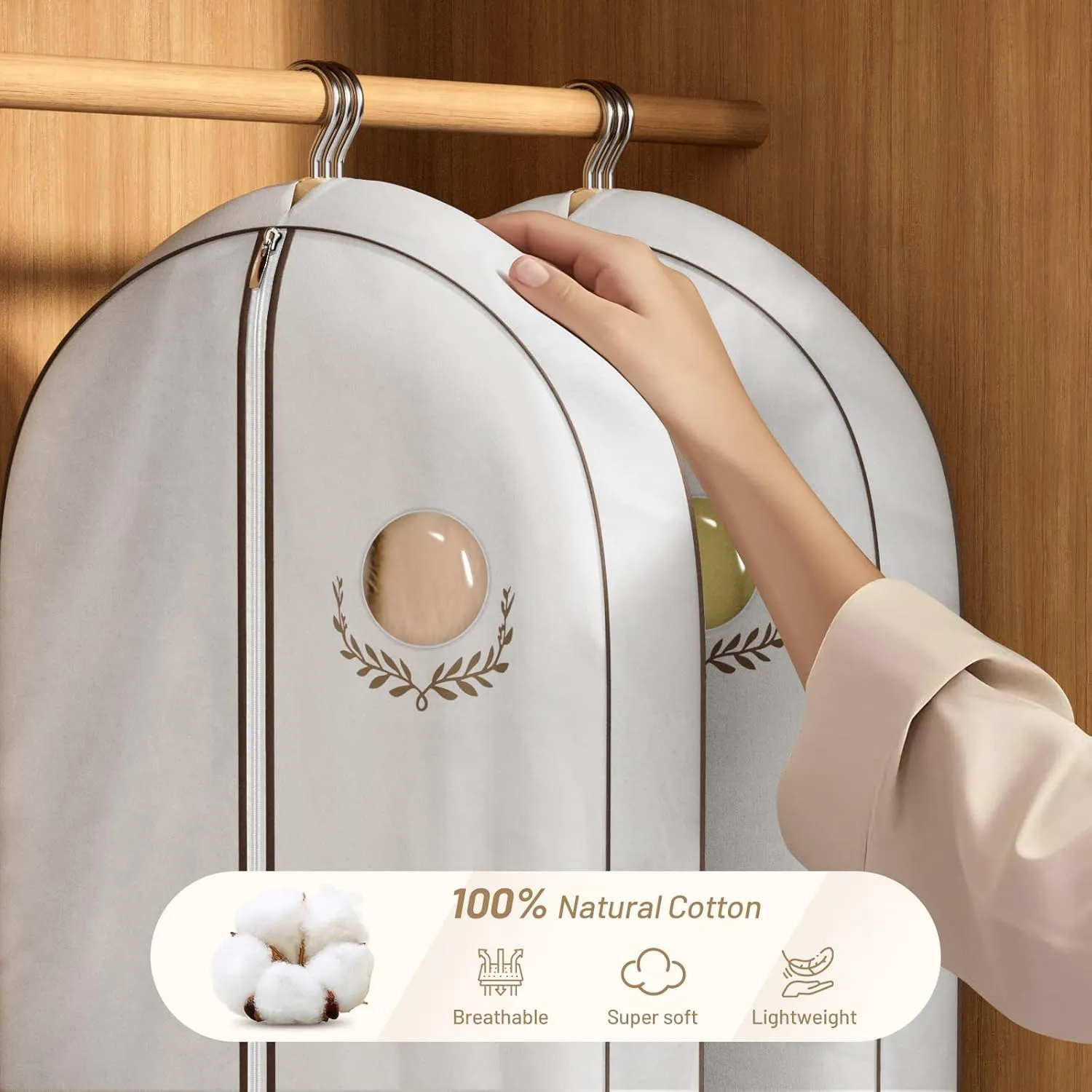 MISSLO 60" Cotton Garment Bag for Long Dress Breathable Garment Bags for Travel for Women Foldable Dress Cover Luxury Hanging Clothes Storage for Fur Coat, Jacket, Gown, Suit