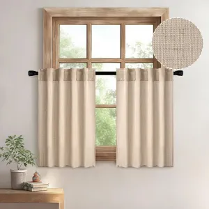 MIULEE Farmhouse Kitchen Curtains 24 Inch Length 2 Panels, Soft Thick Linen Textured Camel Beige Semi Sheer Light Filtering Short Cafe Tier Curtains for Small Half Window Back Tab Rod Pocket