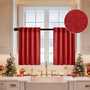 MIULEE Red Kitchen Curtains 24 Inch Length 2 Panels, Soft Thick Linen Textured Semi Sheer Light Filtering Short Cafe Tier Curtains for Small Half Window Back Tab Rod Pocket Christmas Decor