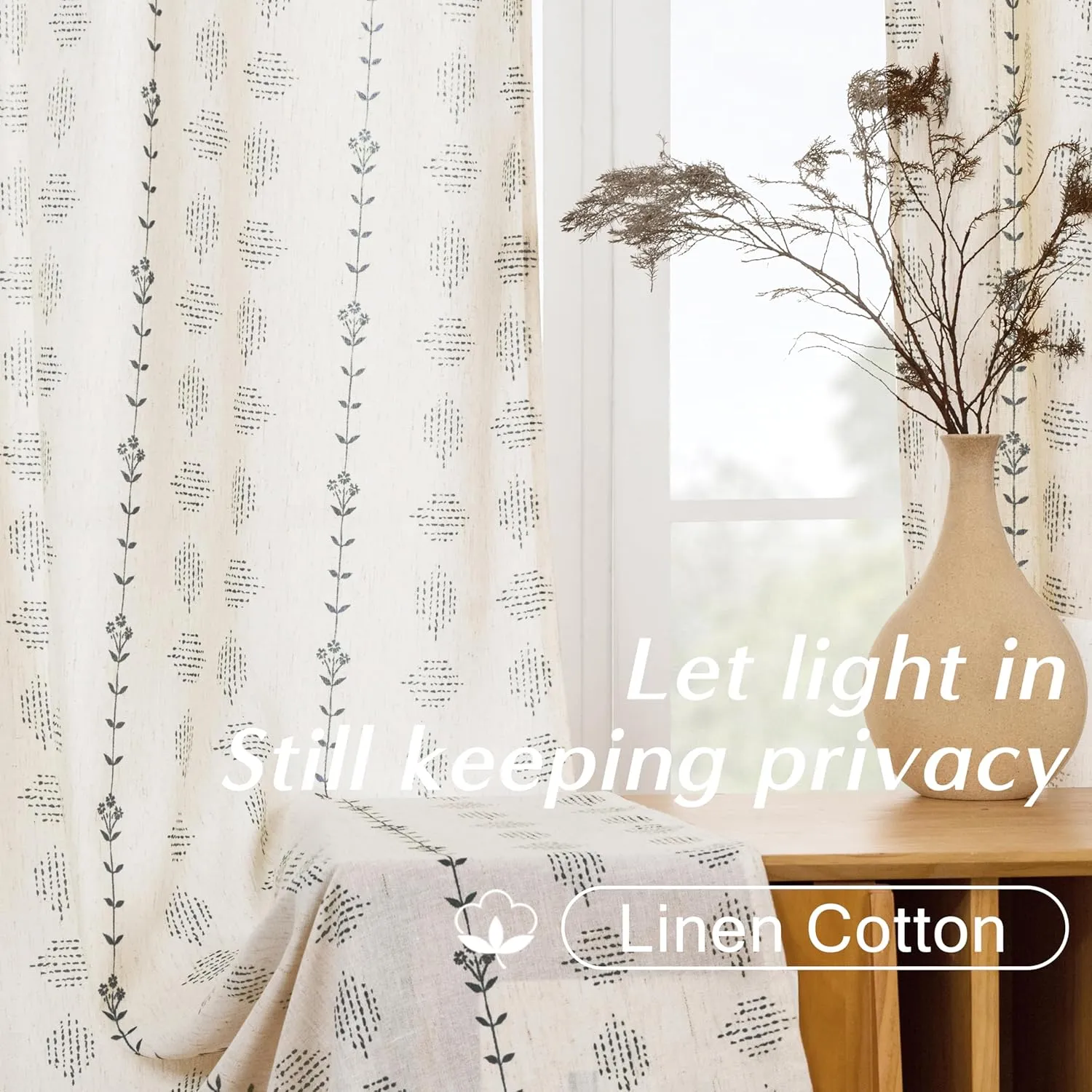 Modern Farmhouse Curtains for Living Room Bedroom 2024,Sheer Linen Flowy Cream Black Boho Floral Shabby Chic Curtains for Dining Room 84 Inch Length 2 Panels Set