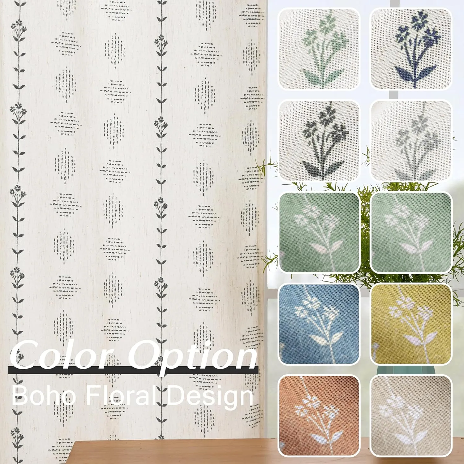 Modern Farmhouse Curtains for Living Room Bedroom 2024,Sheer Linen Flowy Cream Black Boho Floral Shabby Chic Curtains for Dining Room 84 Inch Length 2 Panels Set