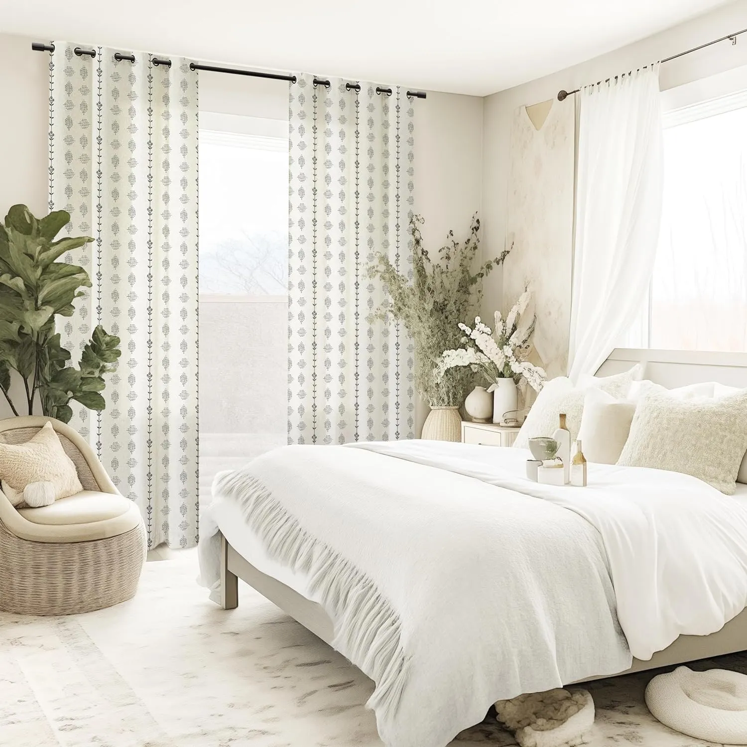 Modern Farmhouse Curtains for Living Room Bedroom 2024,Sheer Linen Flowy Cream Black Boho Floral Shabby Chic Curtains for Dining Room 84 Inch Length 2 Panels Set