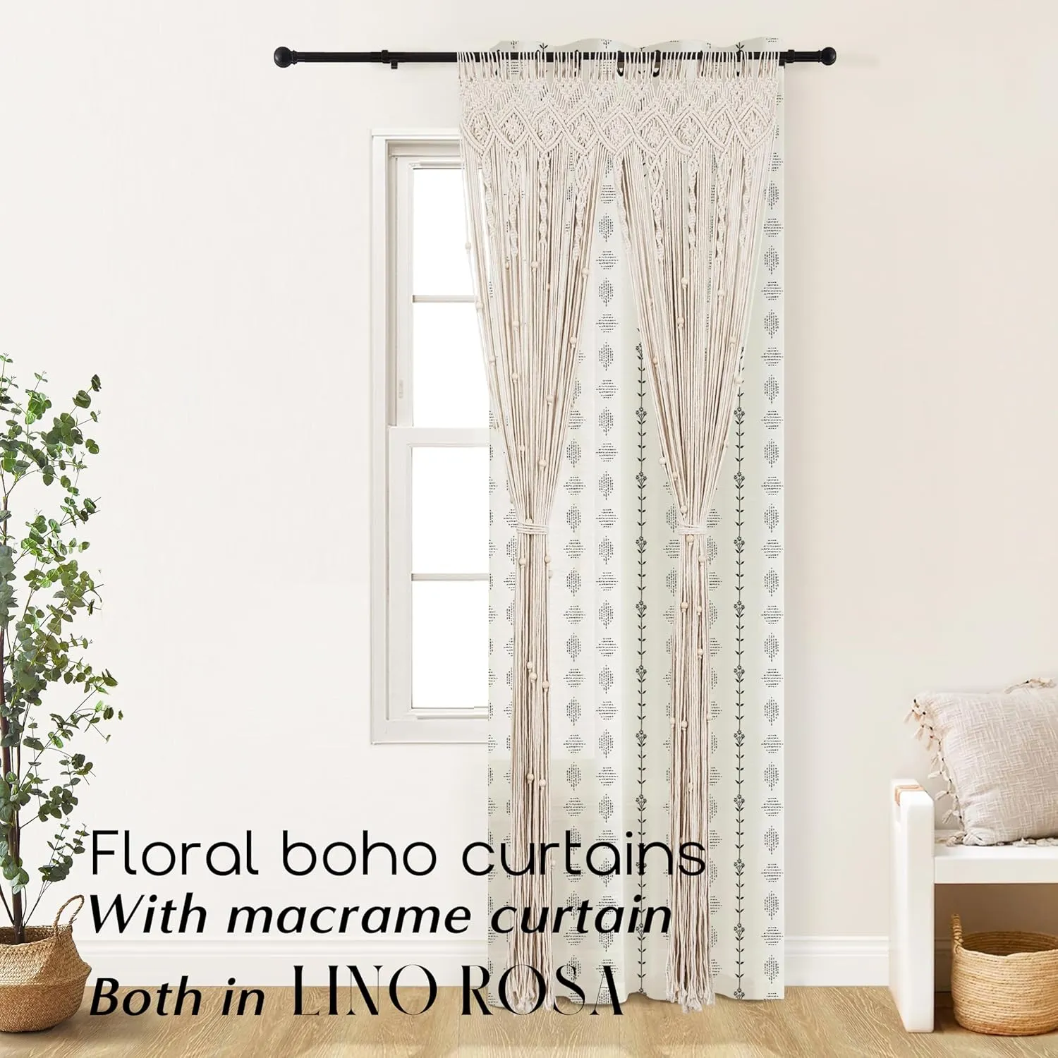 Modern Farmhouse Curtains for Living Room Bedroom 2024,Sheer Linen Flowy Cream Black Boho Floral Shabby Chic Curtains for Dining Room 84 Inch Length 2 Panels Set