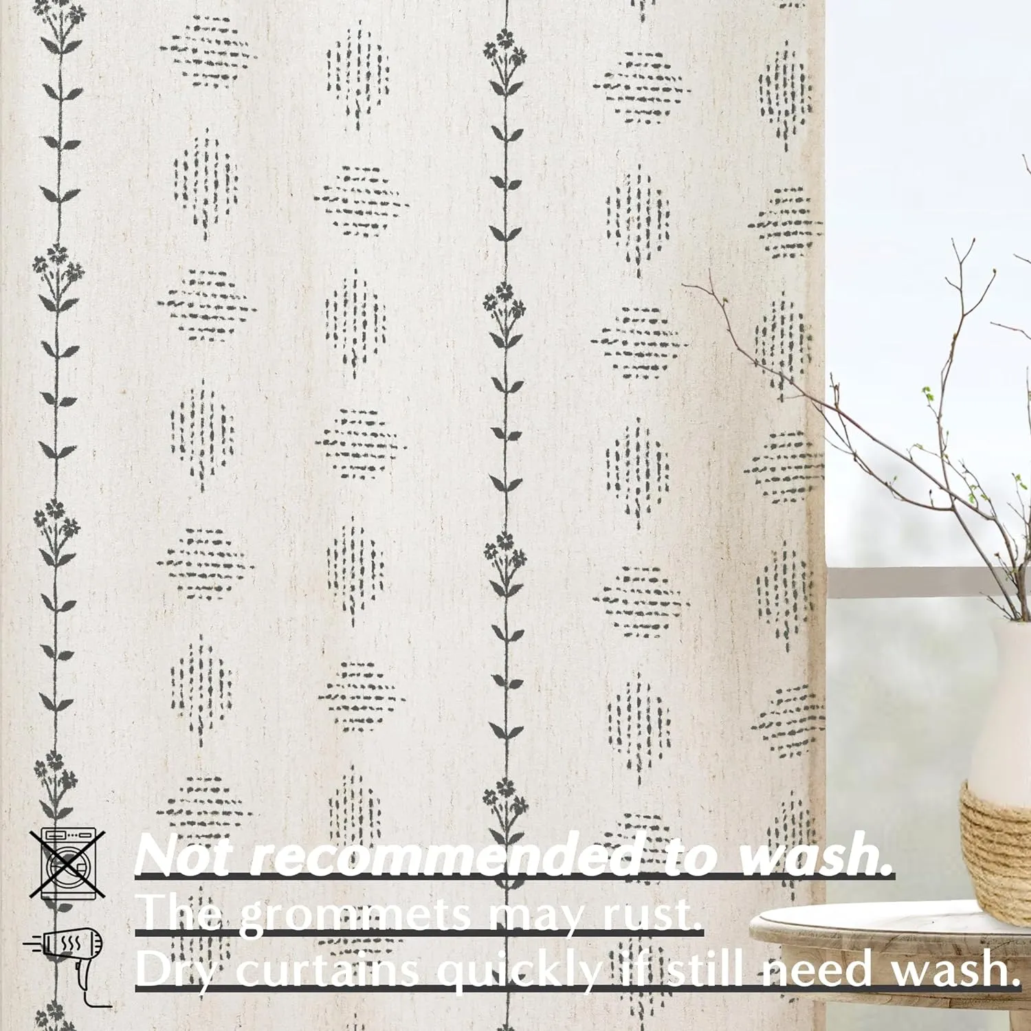 Modern Farmhouse Curtains for Living Room Bedroom 2024,Sheer Linen Flowy Cream Black Boho Floral Shabby Chic Curtains for Dining Room 84 Inch Length 2 Panels Set