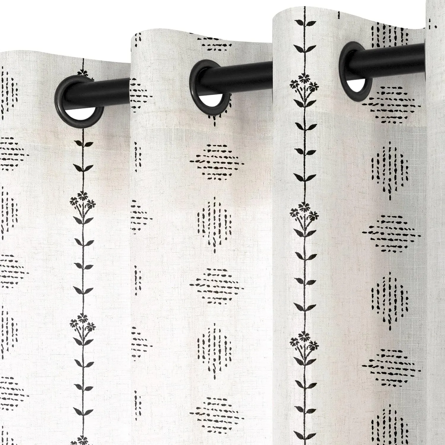 Modern Farmhouse Curtains for Living Room Bedroom 2024,Sheer Linen Flowy Cream Black Boho Floral Shabby Chic Curtains for Dining Room 84 Inch Length 2 Panels Set