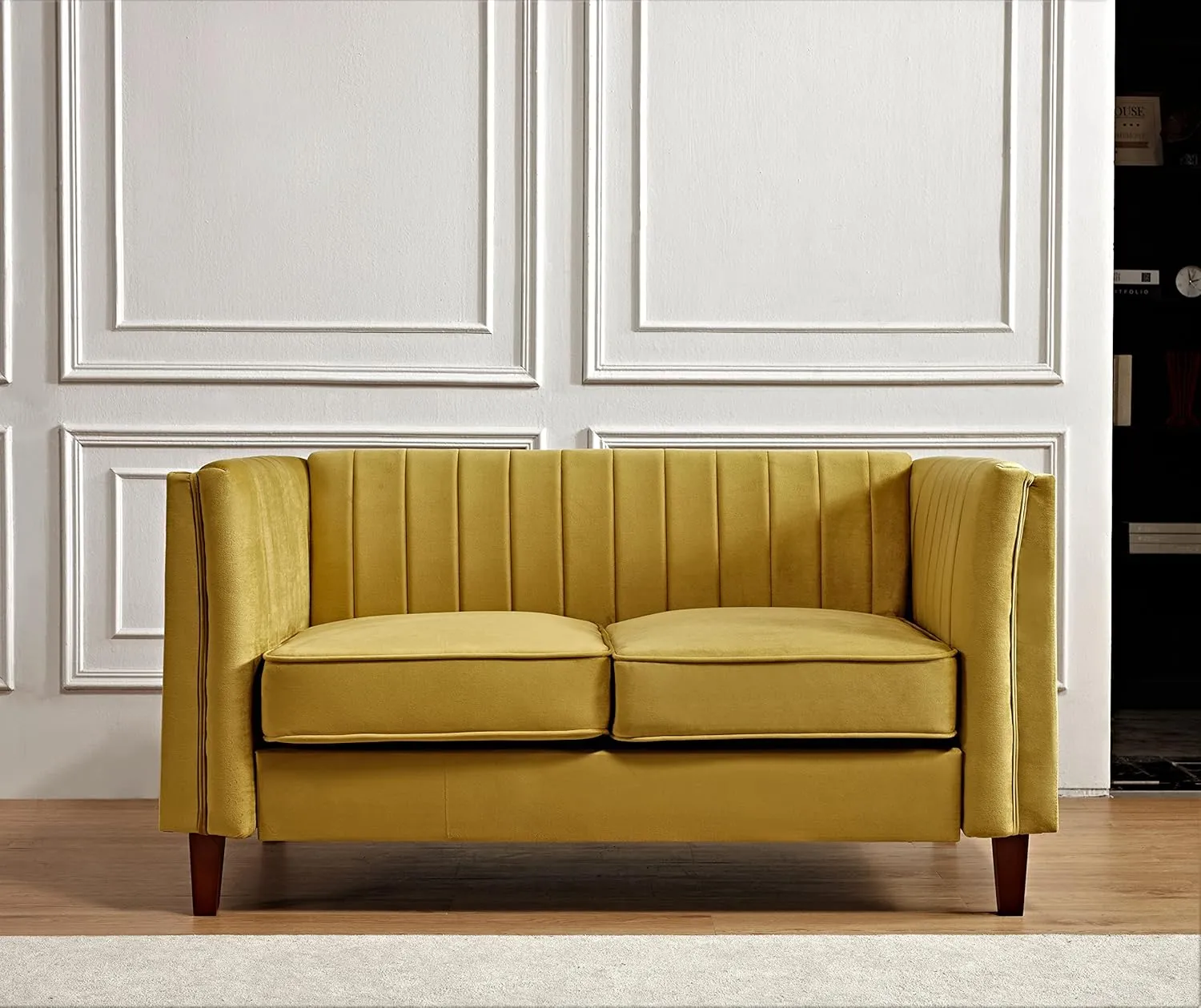 Modern Luxury Velvet Couch for Living Room with High Density Foam, Soft Fabric Upholstery, Removable Cushions and Solid Wood Legs, 60.2'' Wide Loveseat, Mustard Yellow