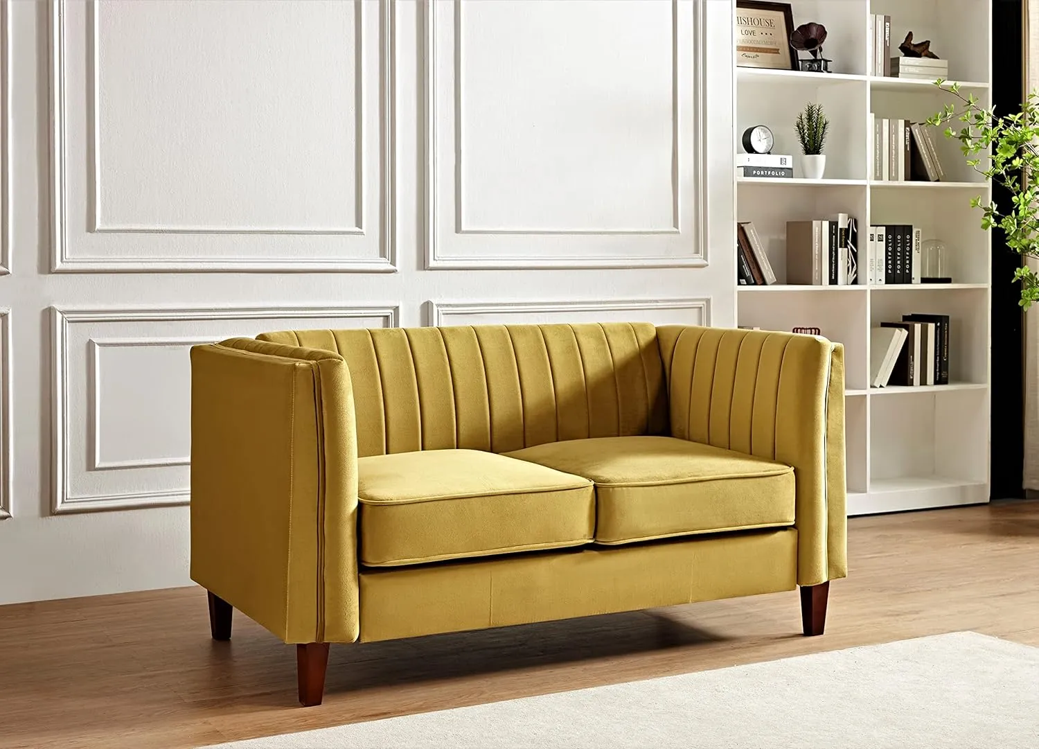 Modern Luxury Velvet Couch for Living Room with High Density Foam, Soft Fabric Upholstery, Removable Cushions and Solid Wood Legs, 60.2'' Wide Loveseat, Mustard Yellow