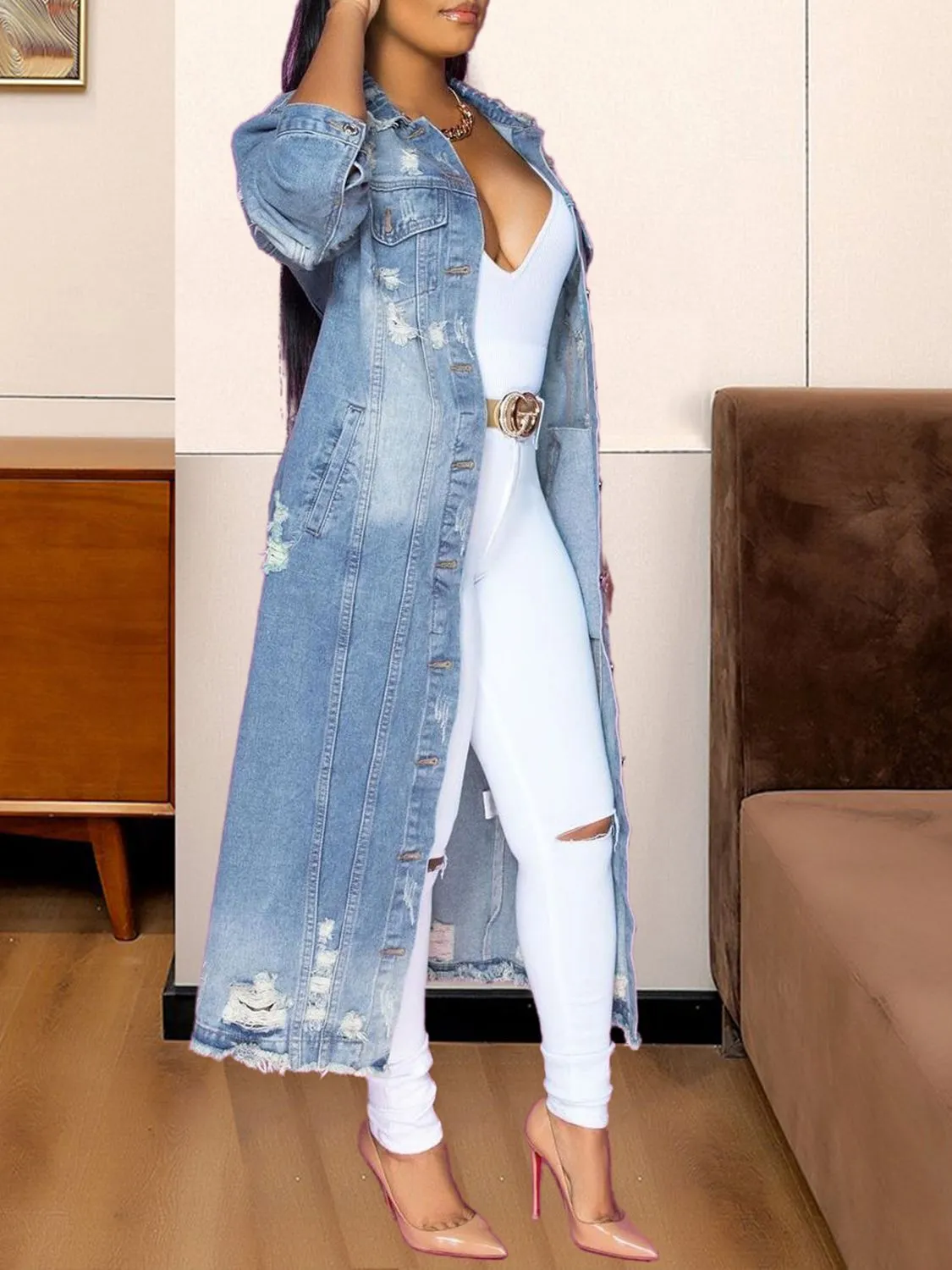 Modest Raw Hem Long Denim Jacket
