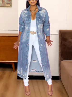 Modest Raw Hem Long Denim Jacket