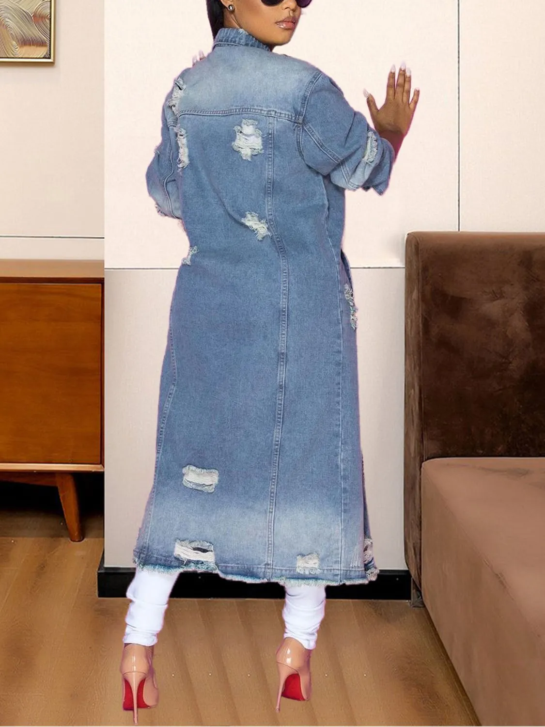 Modest Raw Hem Long Denim Jacket