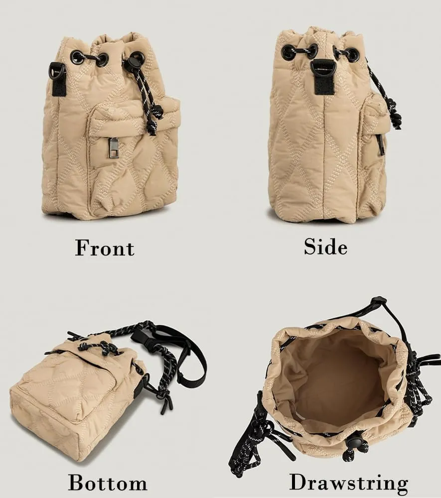Molodo Mini Quilted Bucket Bag Quilted Puffer Crossbody Bags for Women Sports Shoulder Bag Nylon Sling Bag with Drawstring
