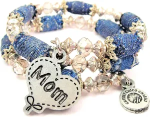Mom Quilted Heart Blue Jean Distressed Denim Bead Wrap Bracelet