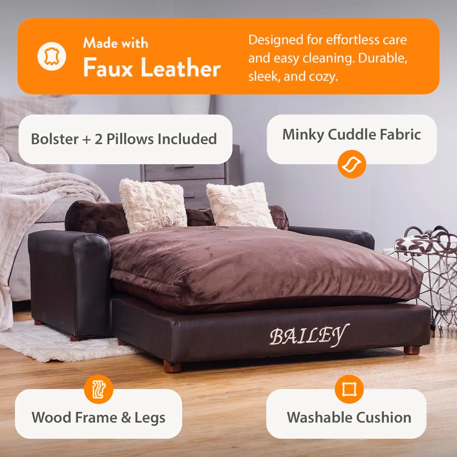 Moots Premium Leatherette Pets Sofa, Espresso, Extra Large, Customizable