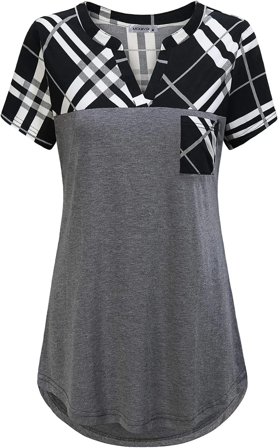 MOQIVGI Womens Short Sleeve Vneck Hi Low Hem Patchwork Tops with Pocket