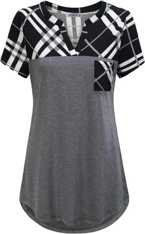 MOQIVGI Womens Short Sleeve Vneck Hi Low Hem Patchwork Tops with Pocket