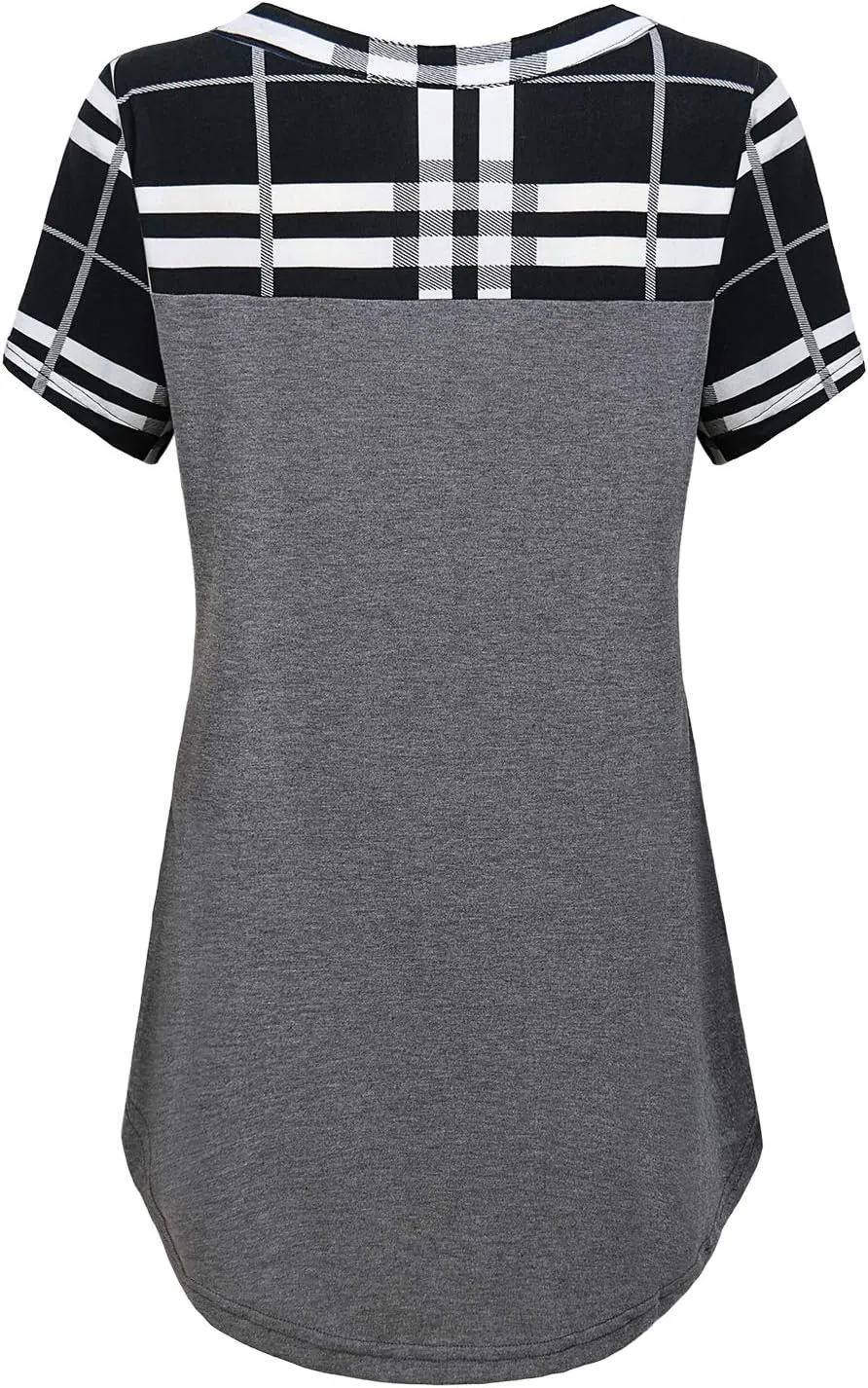 MOQIVGI Womens Short Sleeve Vneck Hi Low Hem Patchwork Tops with Pocket