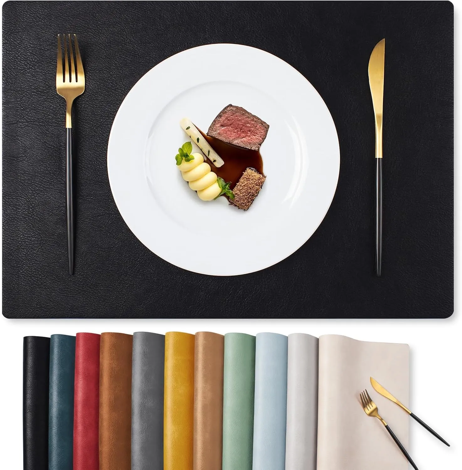 MOSAYT Vinyl Placemats Set of 6-12 X 17 Inch - Faux Leather 100% Waterproof Oil-Proof Wipeable PU Place Mats, Heat Resistant Reversible Table Mats for Kitchen, Dining, Outdoor (Black)