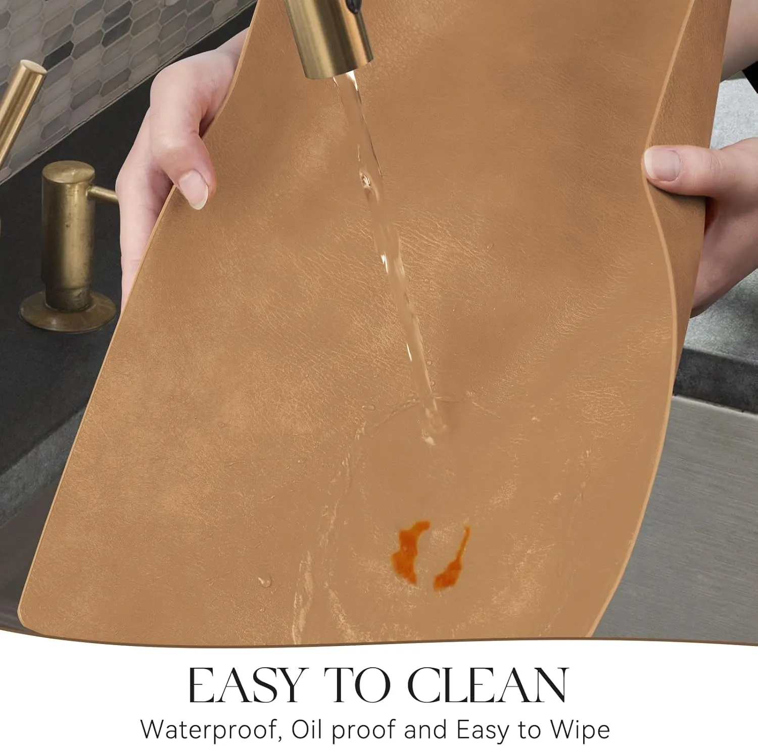 MOSAYT Vinyl Placemats Set of 8-12 X 17 Inch - Faux Leather 100% Waterproof Oil-Proof Wipeable PU Place Mats, Heat Resistant Reversible Table Mats for Kitchen, Dining, Outdoor (Camel)