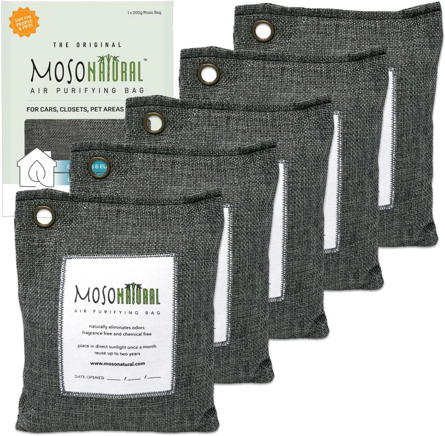 Moso Natural Air Purifying Bag 200g (5 Pack) Bamboo Charcoal Odor Absorber for Home & Car | Closet Odor Eliminator, Small Room Deodorizer & Car Air Freshener | Long Lasting Charcoal Bags Cover 90sqft