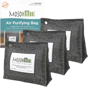 Moso Natural Air Purifying Bag 300g (10.58oz) Premium Bamboo Charcoal Odor Absorber for Home & Pet | Closet Odor Eliminator & Small Room Deodorizer | Charcoal Bags Last 2 Years | Unscented (3 Pack)