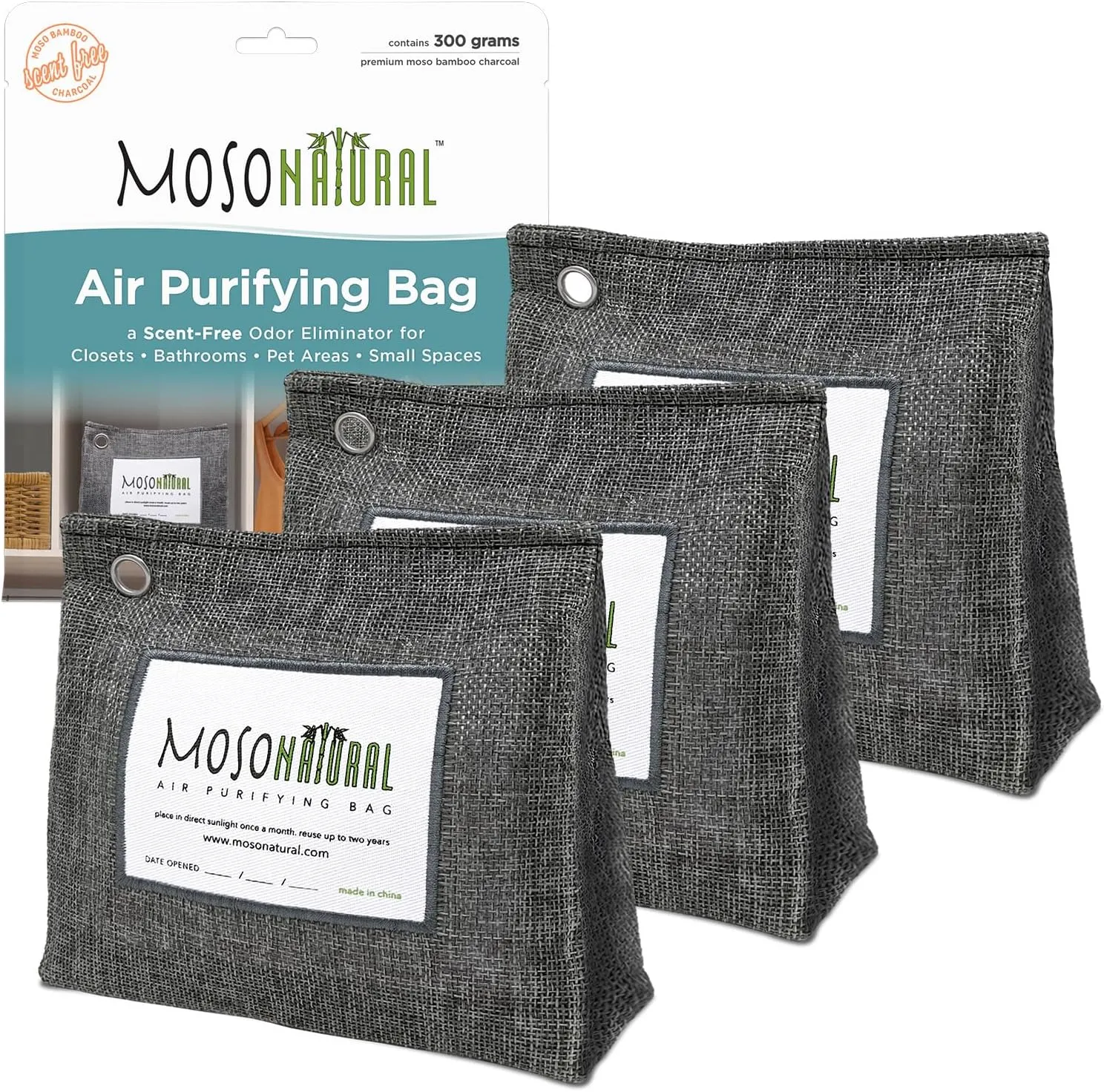 Moso Natural Air Purifying Bag 300g (10.58oz) Premium Bamboo Charcoal Odor Absorber for Home & Pet | Closet Odor Eliminator & Small Room Deodorizer | Charcoal Bags Last 2 Years | Unscented (3 Pack)