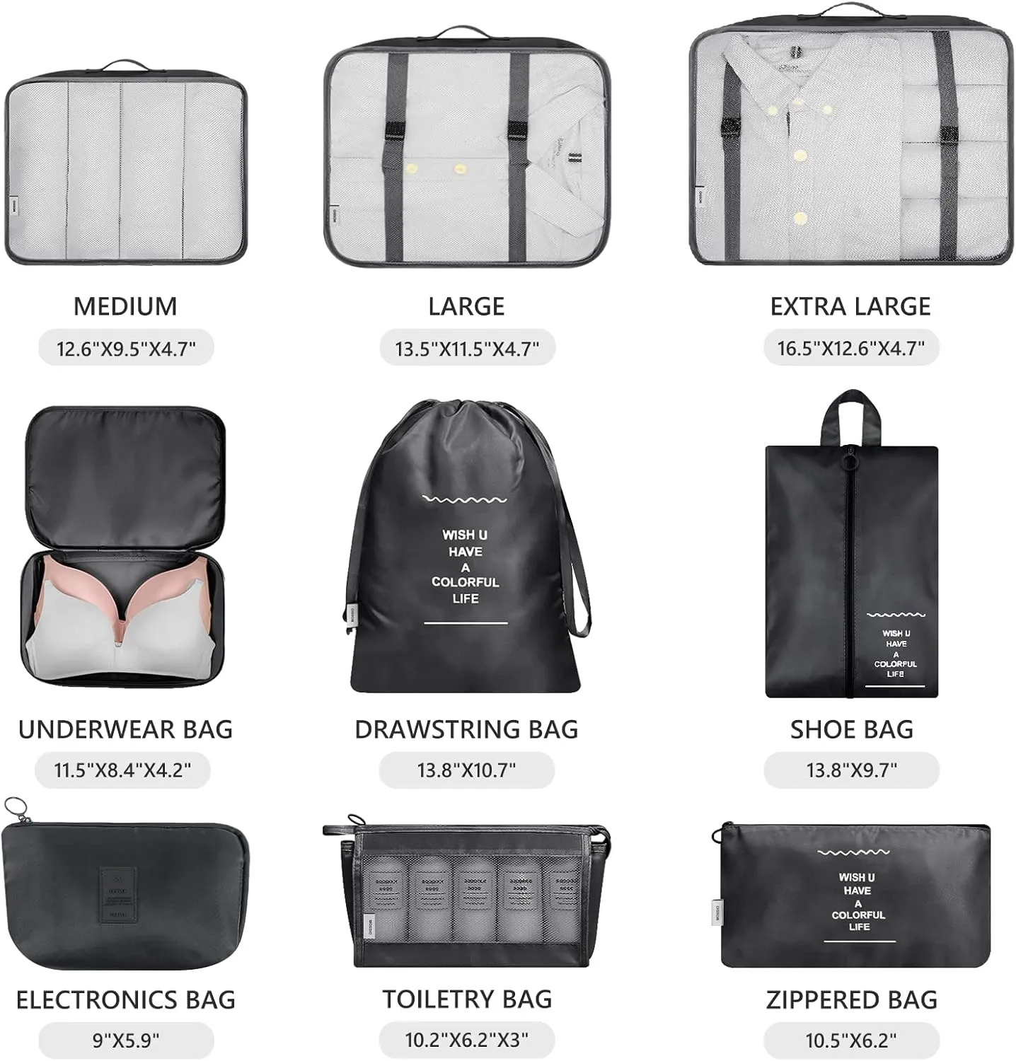 Mossio 9 Set Packing Cubes with Shoe Bag & Electronics Bag - Luggage Organizers Suitcase Travel Accessories
