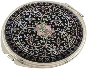 Mother of Pearl Arabesque Flower Design Black Magnifying Double Compact Cosmetic Makeup Round Hand Mirror