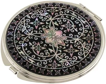 Mother of Pearl Arabesque Flower Design Black Magnifying Double Compact Cosmetic Makeup Round Hand Mirror