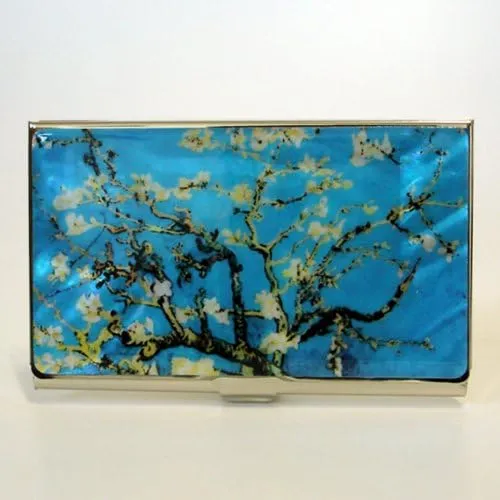 Mother of Pearl Design RFID Blocking Protection Business Card Case, Credit Card Holder, Metal Name Card Case, Engraved Slim Purse Pocket Cash Money Wallet (Almond Blossoms)