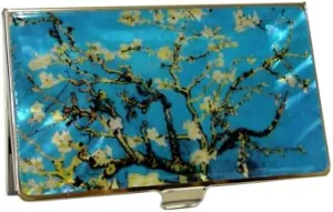 Mother of Pearl Design RFID Blocking Protection Business Card Case, Credit Card Holder, Metal Name Card Case, Engraved Slim Purse Pocket Cash Money Wallet (Almond Blossoms)