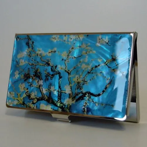 Mother of Pearl Design RFID Blocking Protection Business Card Case, Credit Card Holder, Metal Name Card Case, Engraved Slim Purse Pocket Cash Money Wallet (Almond Blossoms)