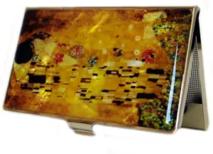 Mother of Pearl Design RFID Blocking Protection Business Card Case, Credit Card Holder, Metal Name Card Case, Engraved Slim Purse Pocket Cash Money Wallet (Kiss by Gustav Klimt)