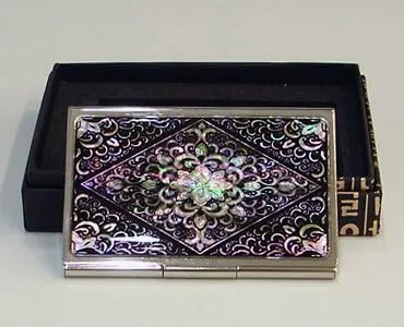 Mother of Pearl Design RFID Blocking Protection Business Card Case, Credit Card Holder, Metal Name Card Case, Stainless Steel Engraved Slim Purse Pocket Cash Money Wallet (Arabesque Design Black)