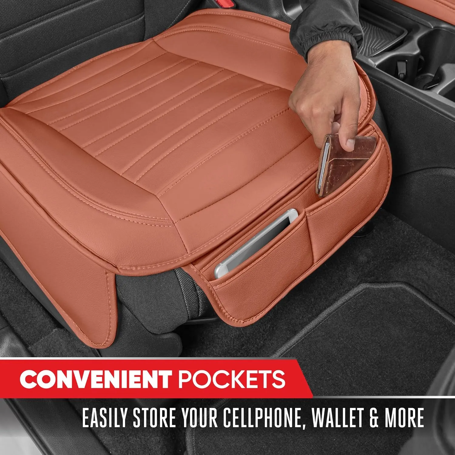Motor Trend Faux Leather Front Seat Cover for Cars - Set of 2 Brown Front Car Seat Covers for SUV & Truck with Storage Pockets - Automotive Car Seats Cover Protector - For Bottom Cushion Coverage Only