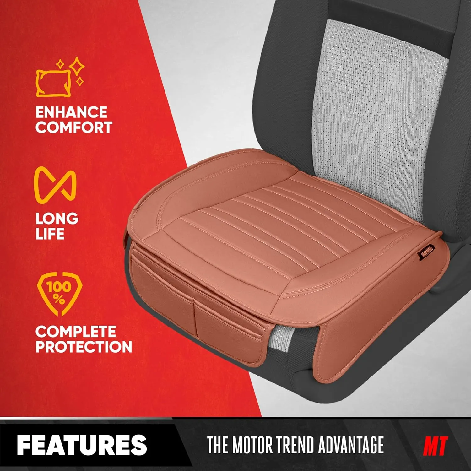Motor Trend Faux Leather Front Seat Cover for Cars - Set of 2 Brown Front Car Seat Covers for SUV & Truck with Storage Pockets - Automotive Car Seats Cover Protector - For Bottom Cushion Coverage Only