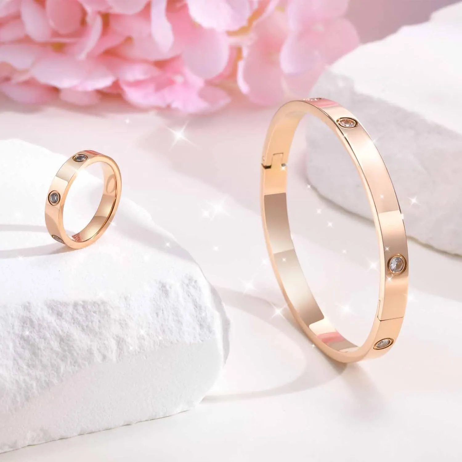 MPRAINBOW Gold Rings Bracelets for Women, 18K Gold Plated Friendship Bracelet Cubic Zirconia Bangle with Ring Jewelry Set,Wedding Party Birthday Gifts for Her Girlfriend