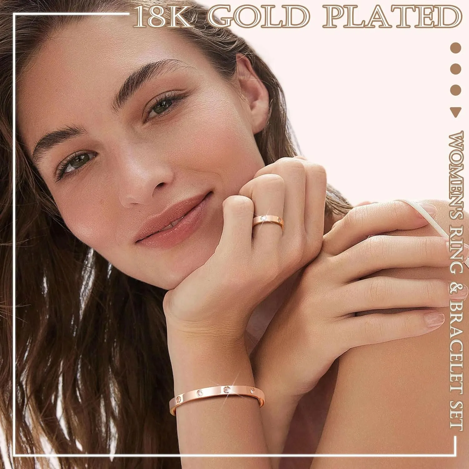 MPRAINBOW Gold Rings Bracelets for Women, 18K Gold Plated Friendship Bracelet Cubic Zirconia Bangle with Ring Jewelry Set,Wedding Party Birthday Gifts for Her Girlfriend